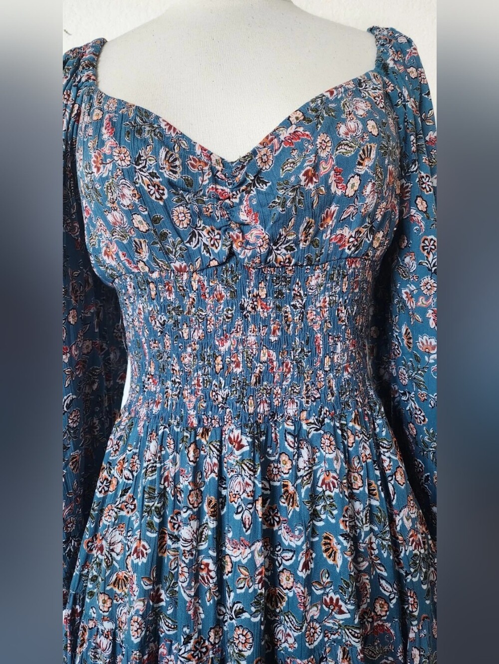 Blue Floral Long-Sleeve Smocked Waist Dress - Picture 4 of 4